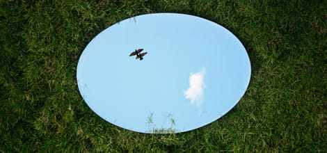 Mirror on grass reflecting the sky. Photo by Jovis Aloor on Unsplash